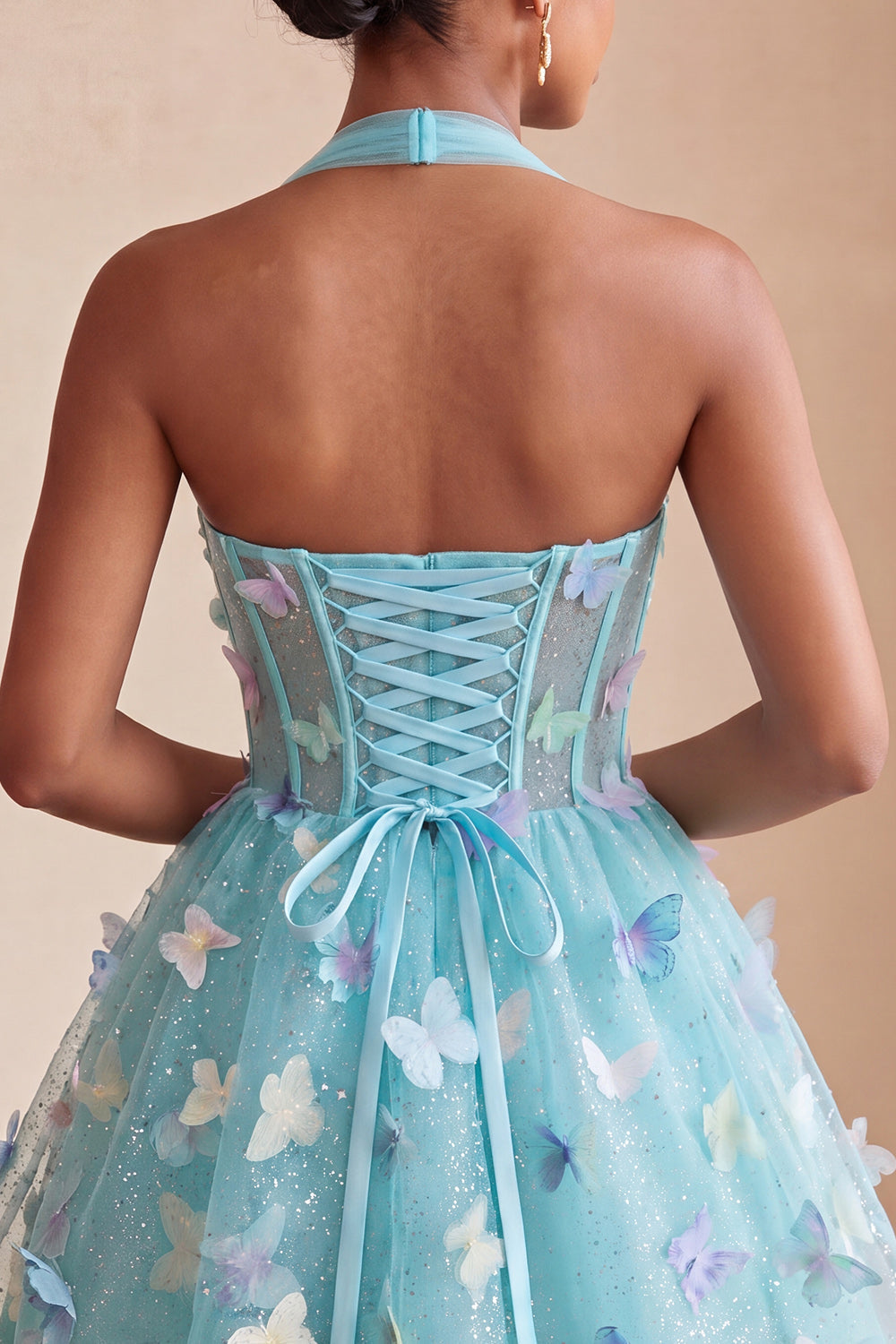 A-Line Black Halter Neck Corset Lace Up Back Short Homecoming Dress with Butterfly