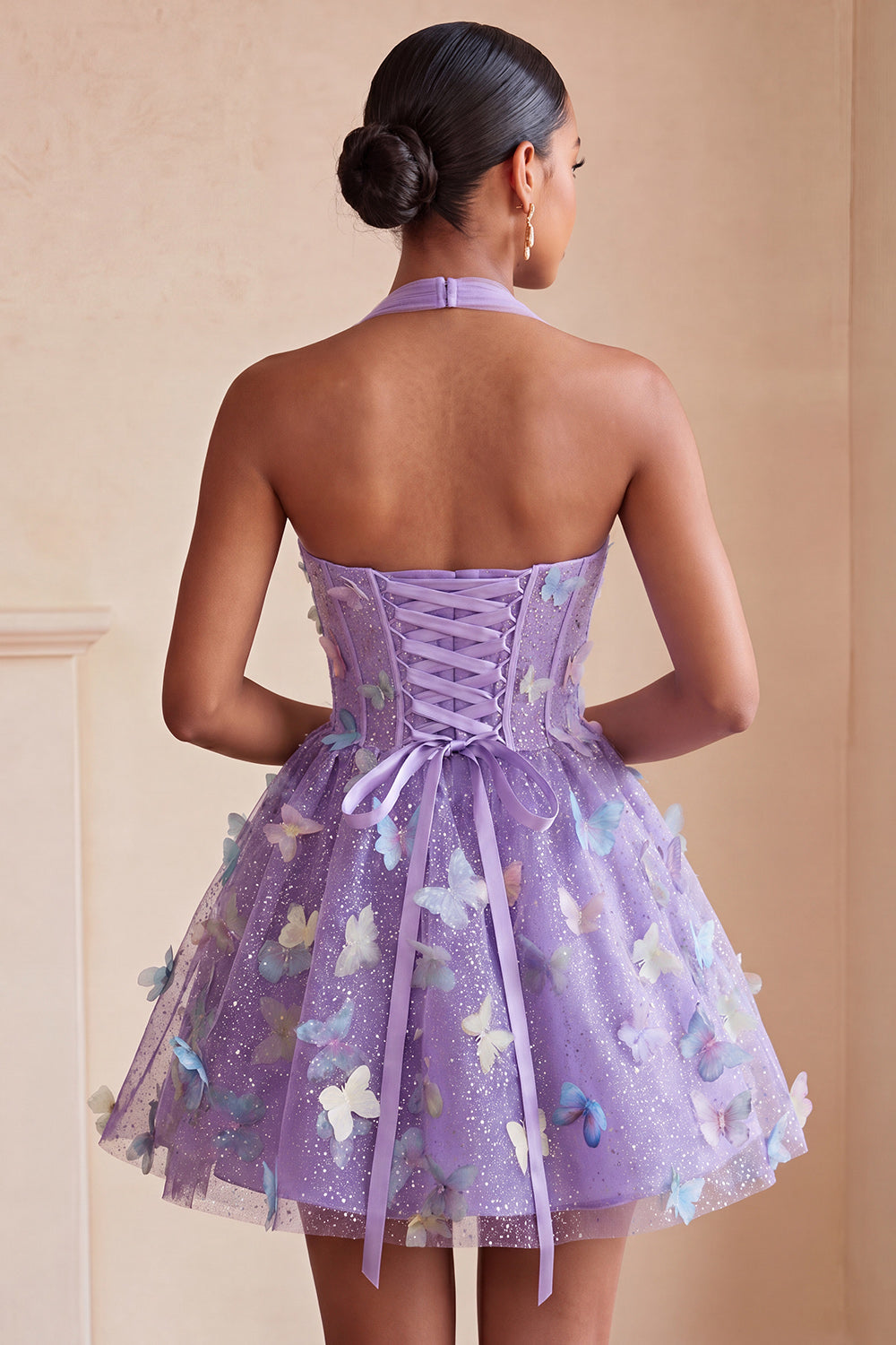 A-Line Black Halter Neck Corset Lace Up Back Short Homecoming Dress with Butterfly