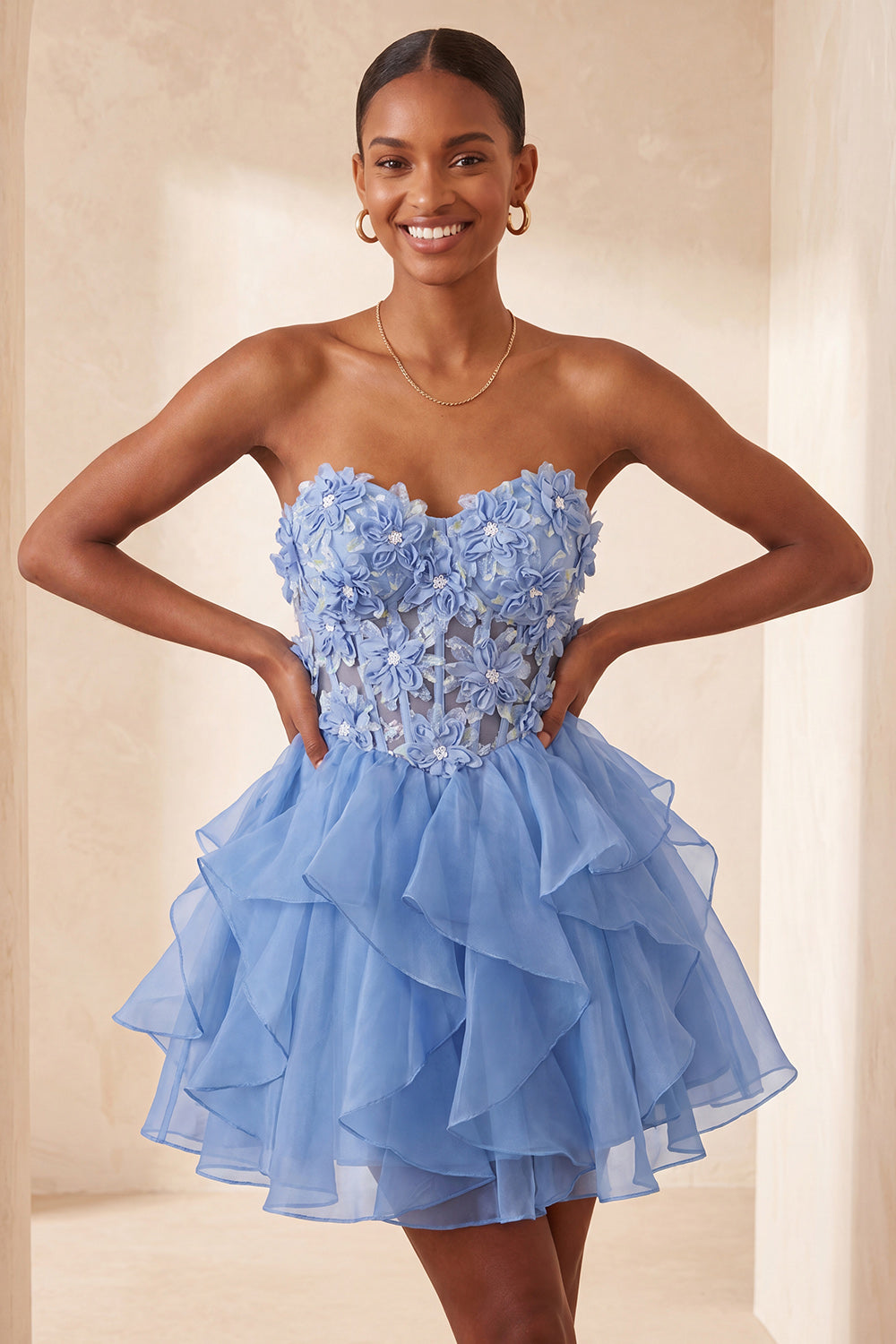A-Line Sky Blue Sweetheart Sheer Corset Ruffled Lace Up Back Homecoming Dress