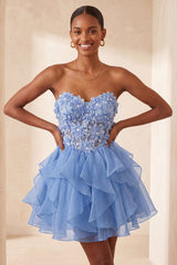 A-Line Sky Blue Sweetheart Sheer Corset Ruffled Lace Up Back Homecoming Dress