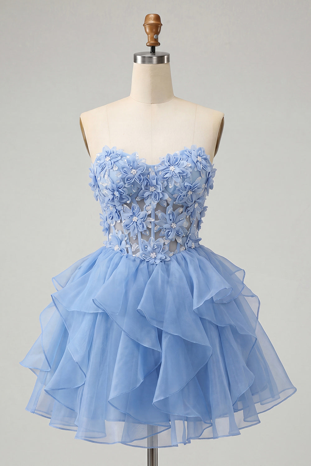 A-Line Sky Blue Sweetheart Sheer Corset Ruffled Lace Up Back Homecoming Dress