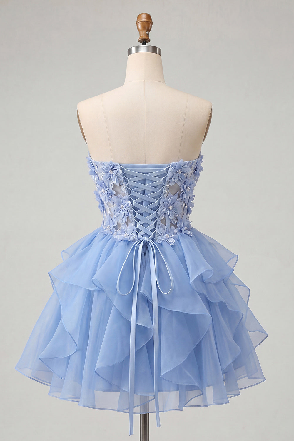 A-Line Sky Blue Sweetheart Sheer Corset Ruffled Lace Up Back Homecoming Dress