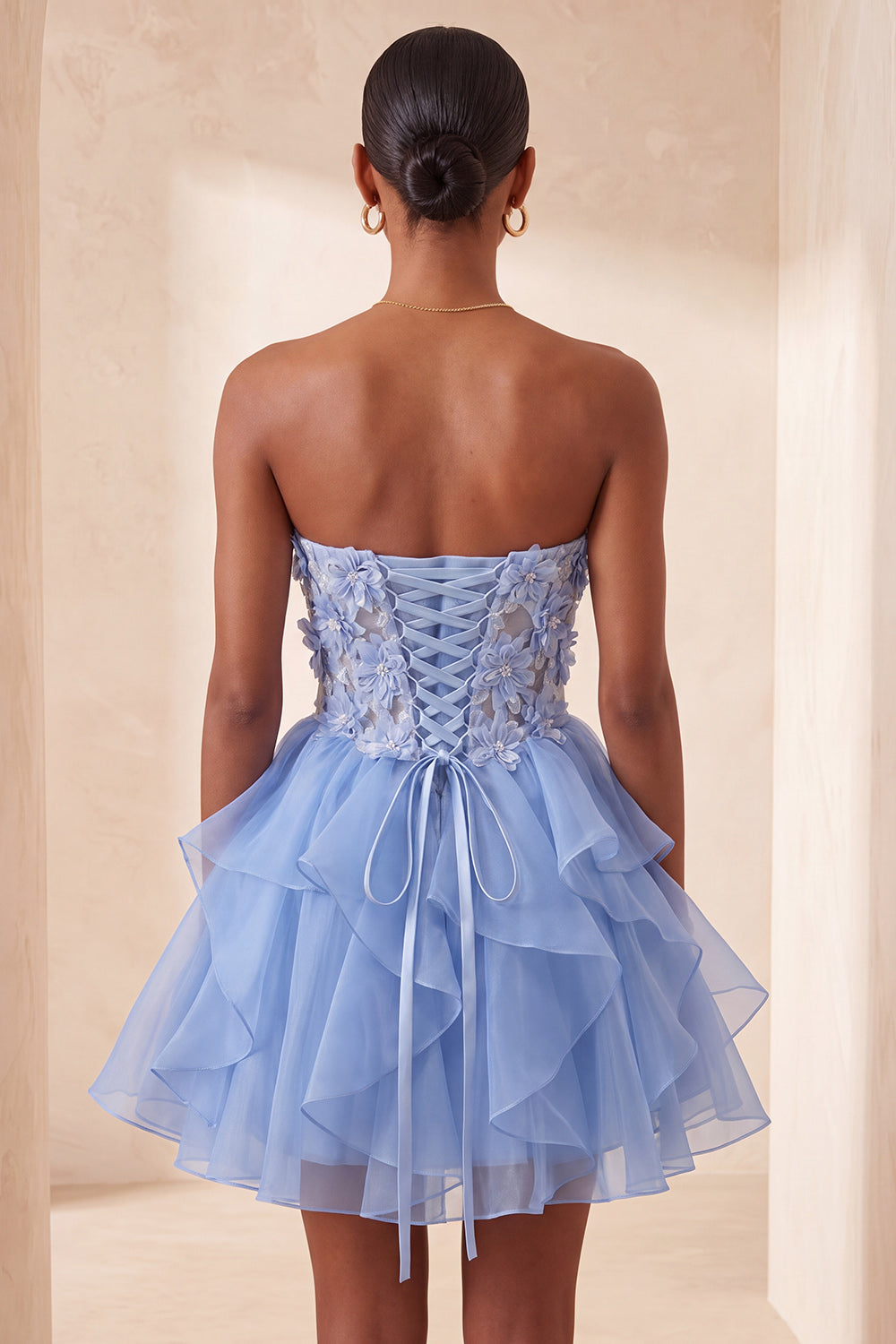 A-Line Sky Blue Sweetheart Sheer Corset Ruffled Lace Up Back Homecoming Dress