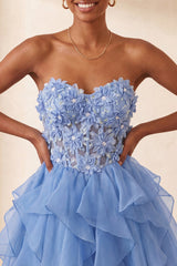 A-Line Sky Blue Sweetheart Sheer Corset Ruffled Lace Up Back Homecoming Dress