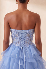 A-Line Sky Blue Sweetheart Sheer Corset Ruffled Lace Up Back Homecoming Dress