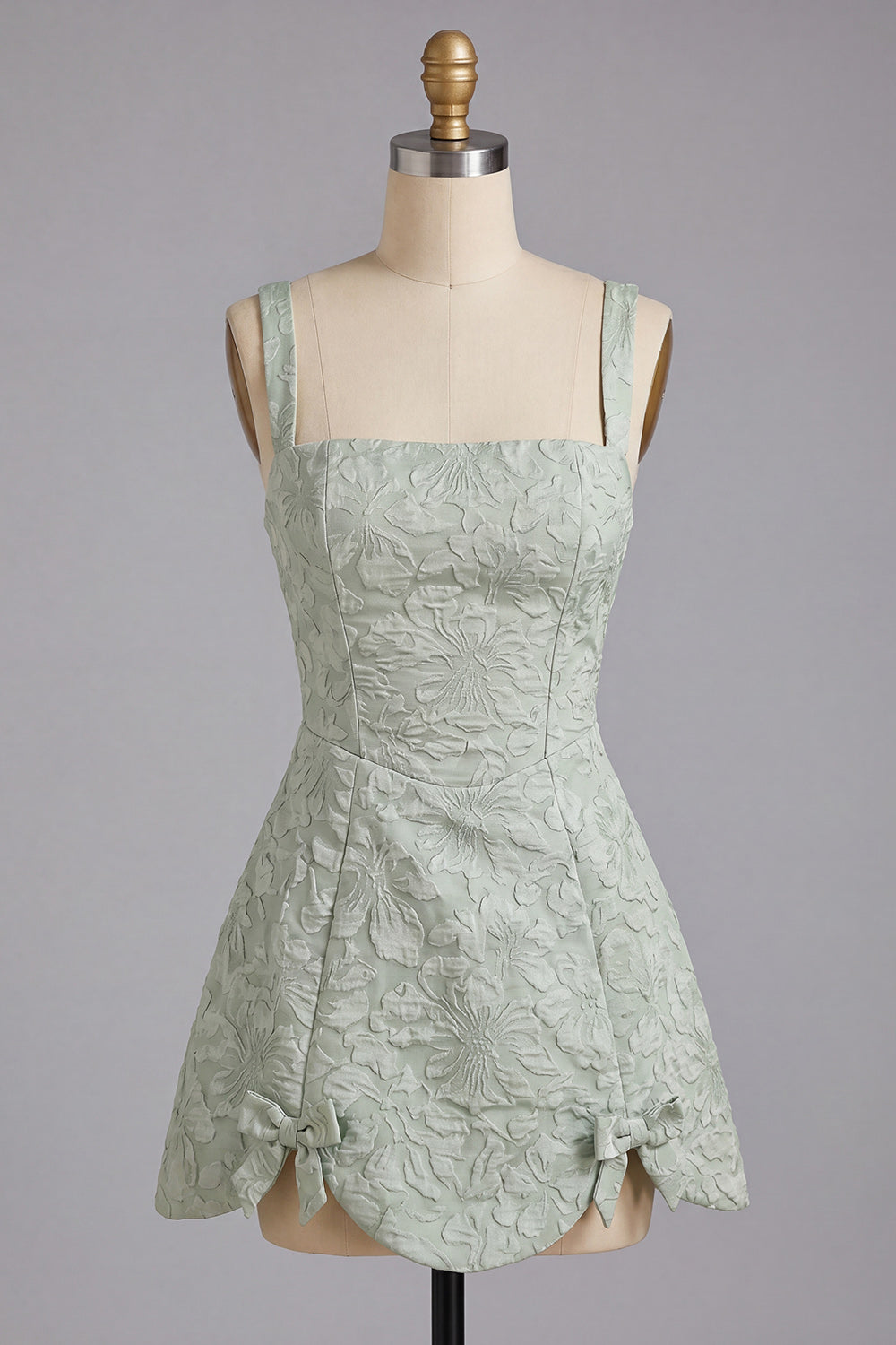 A-Line Dusty Sage Square Neck Jacquard Floral Lace Up Back Homecoming Dress with Bow