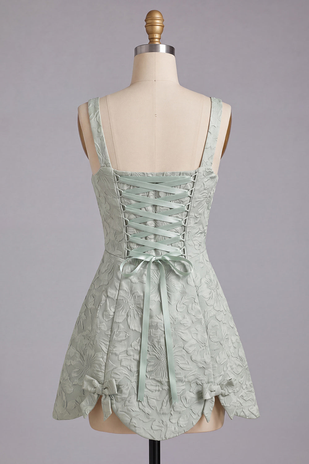 A-Line Dusty Sage Square Neck Jacquard Floral Lace Up Back Homecoming Dress with Bow