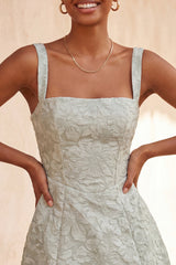 A-Line Dusty Sage Square Neck Jacquard Floral Lace Up Back Homecoming Dress with Bow