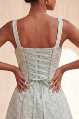 A-Line Dusty Sage Square Neck Jacquard Floral Lace Up Back Homecoming Dress with Bow