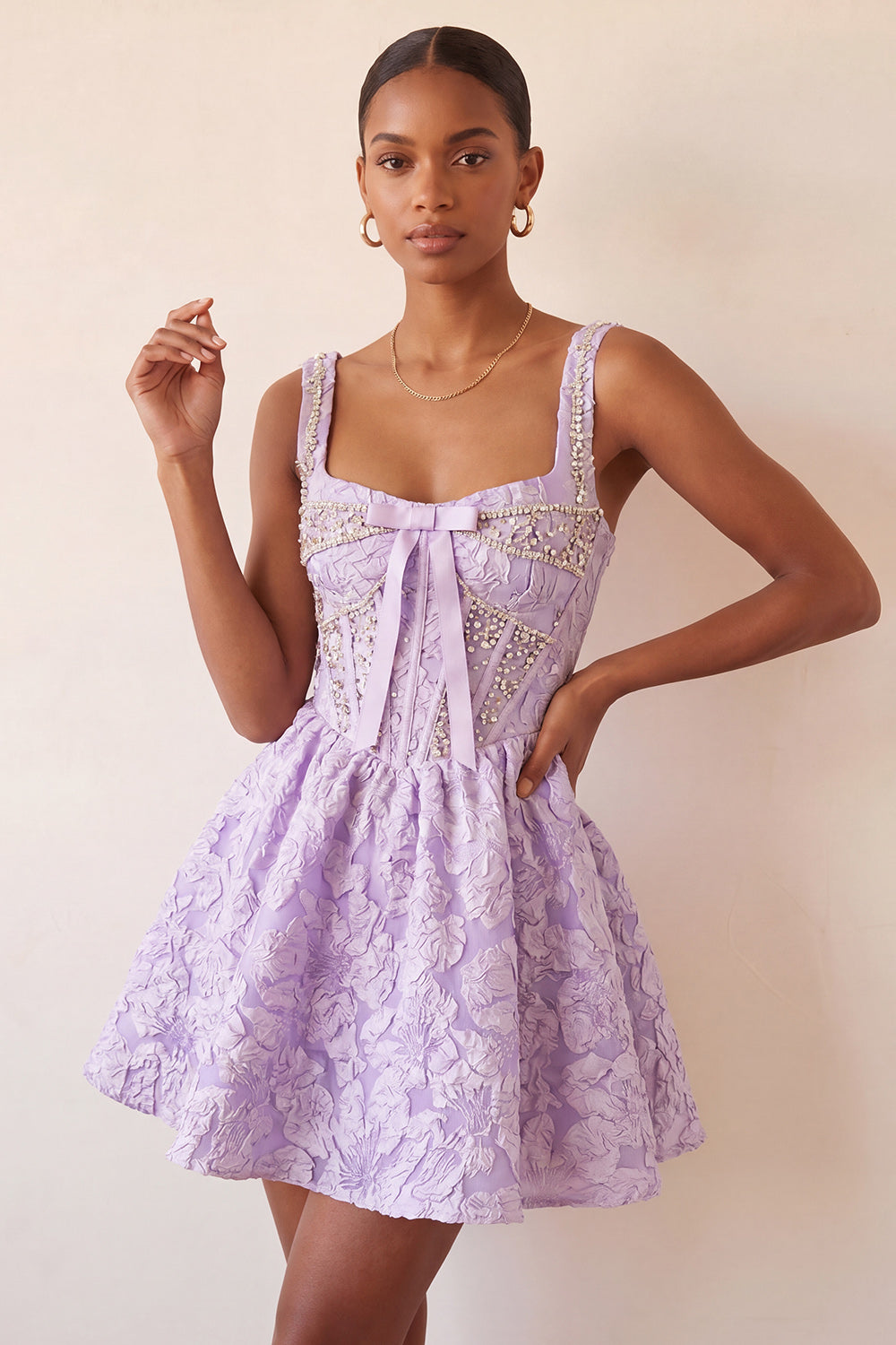 A-Line Light Purple Square Neck Corset Jacquard Lace Up Back Beaded Homecoming Dress