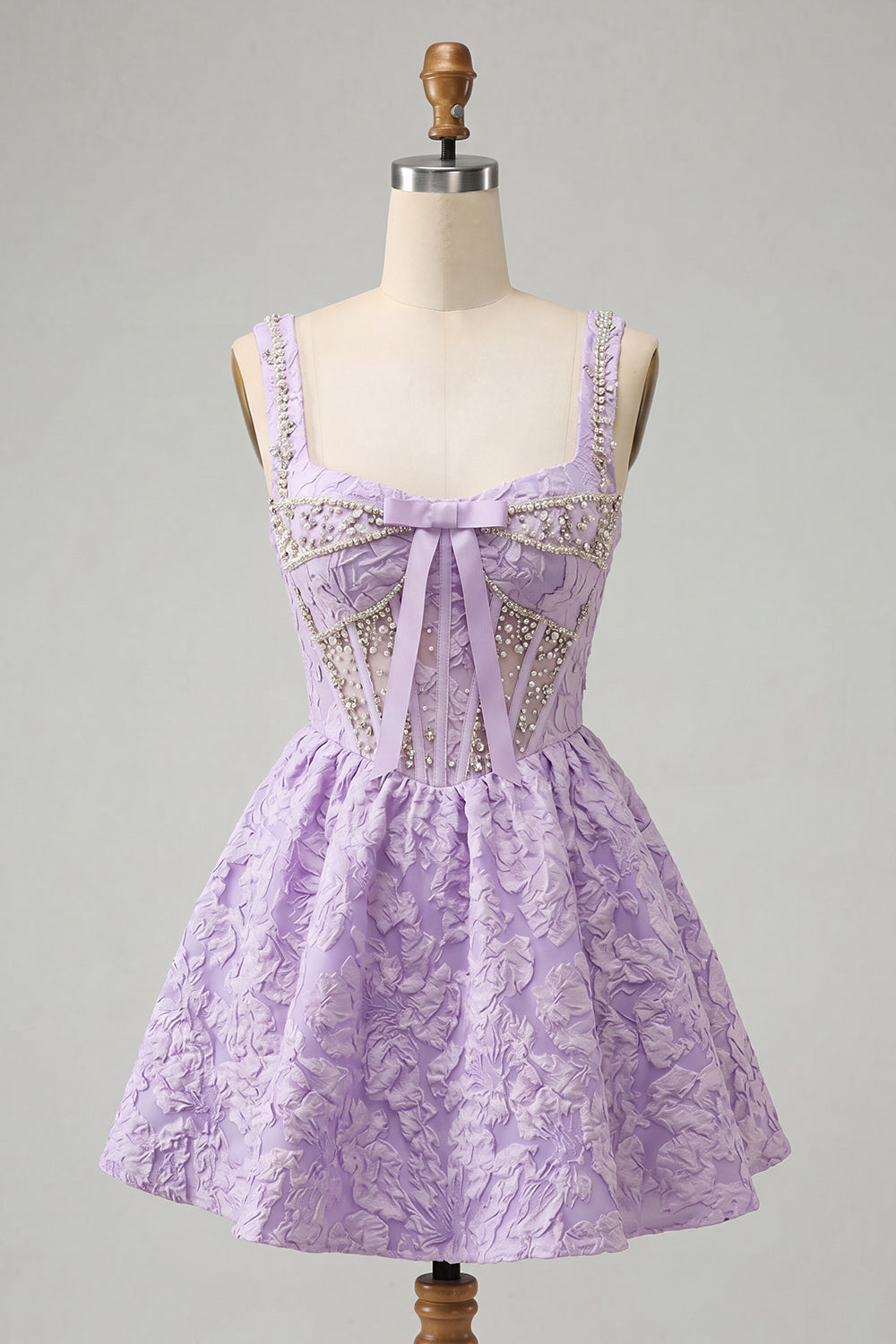 A-Line Light Purple Square Neck Corset Jacquard Lace Up Back Beaded Homecoming Dress