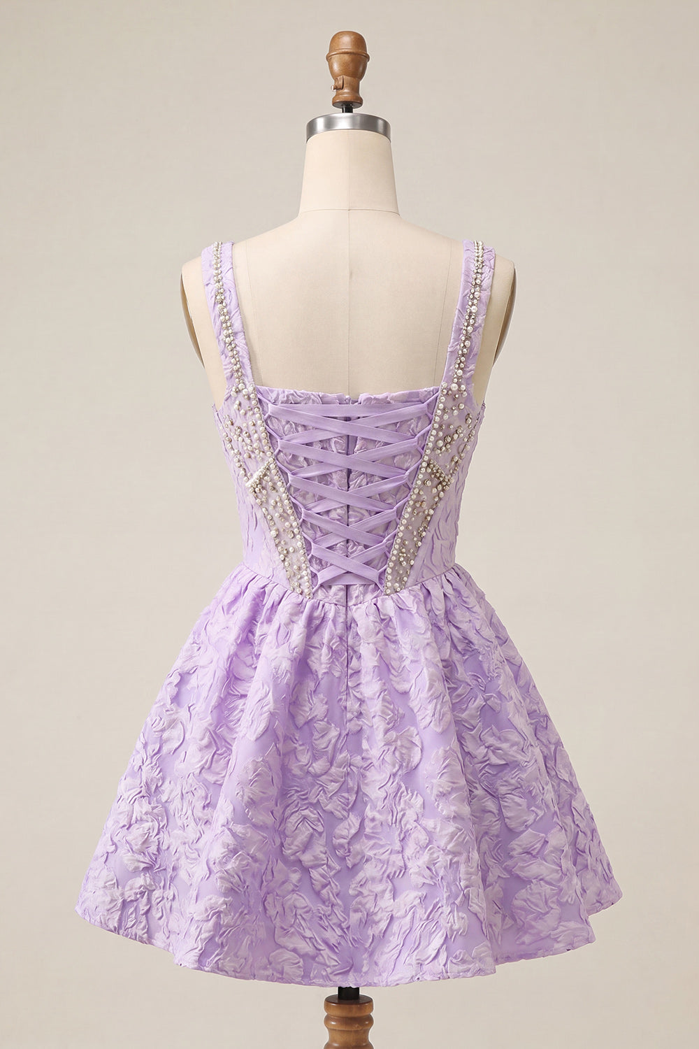 A-Line Light Purple Square Neck Corset Jacquard Lace Up Back Beaded Homecoming Dress