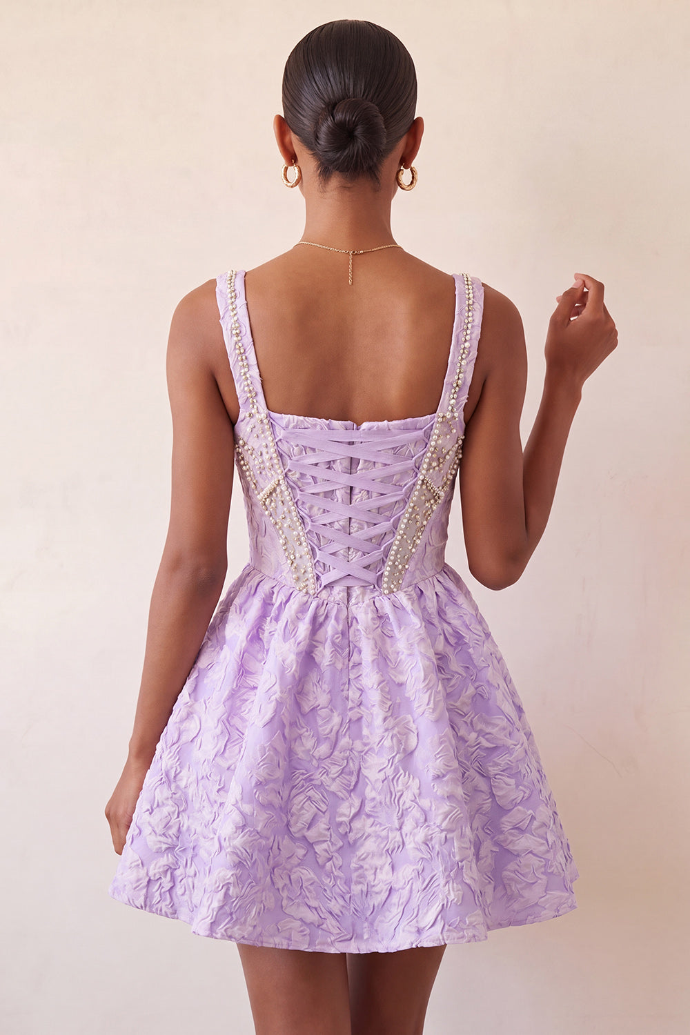 A-Line Light Purple Square Neck Corset Jacquard Lace Up Back Beaded Homecoming Dress