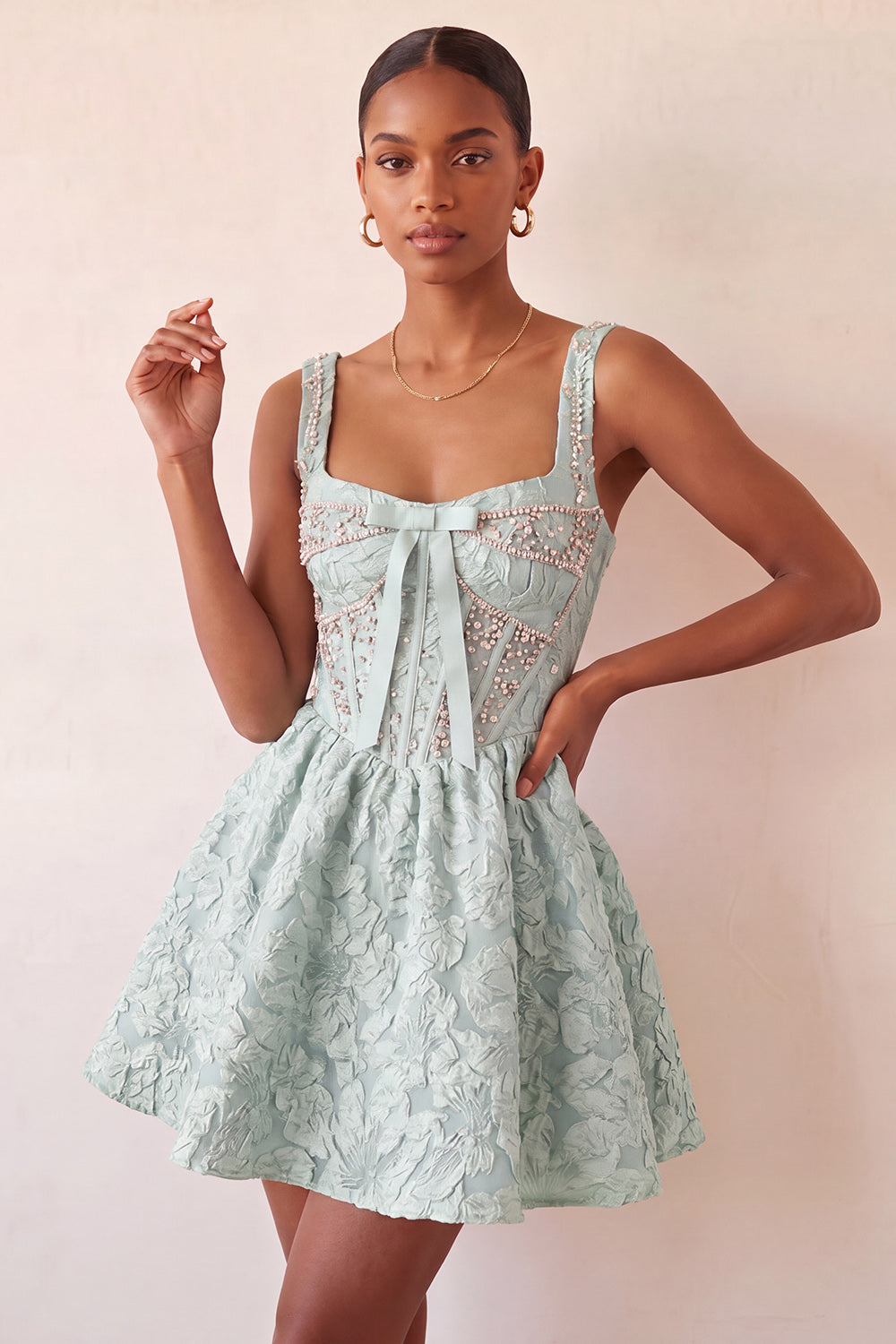 A-Line Light Purple Square Neck Corset Jacquard Lace Up Back Beaded Homecoming Dress