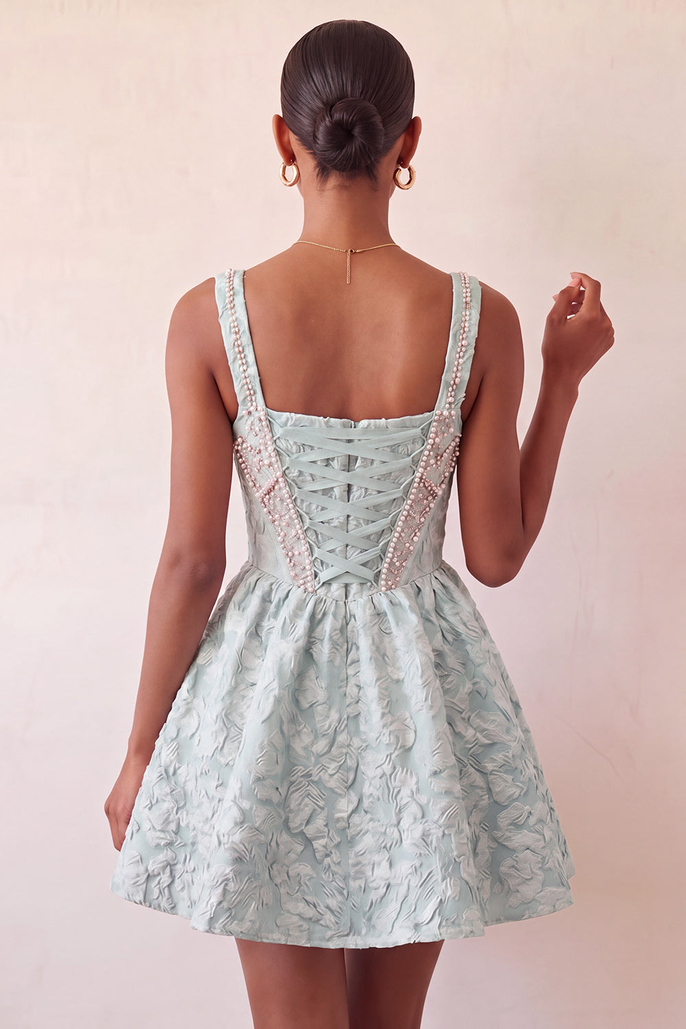 A-Line Light Purple Square Neck Corset Jacquard Lace Up Back Beaded Homecoming Dress