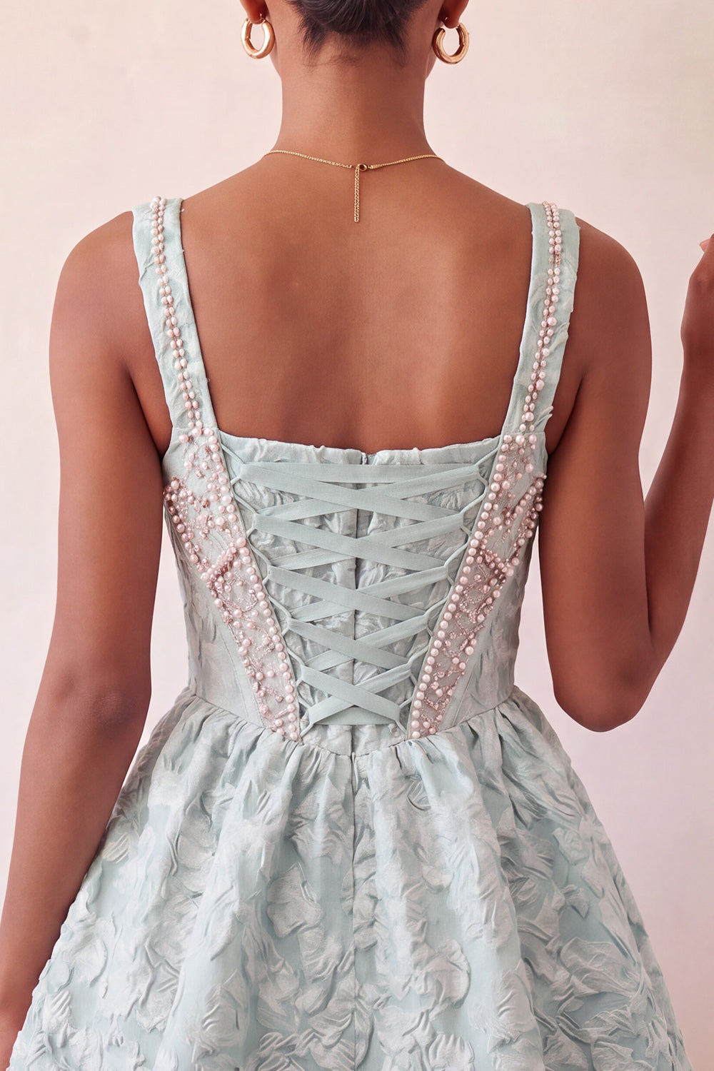 A-Line Light Purple Square Neck Corset Jacquard Lace Up Back Beaded Homecoming Dress