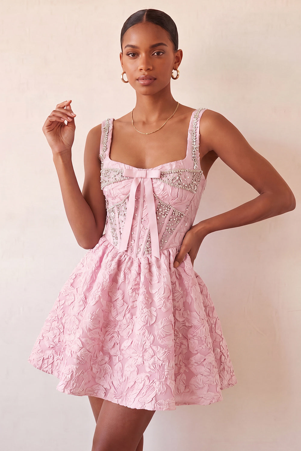 A-Line Light Purple Square Neck Corset Jacquard Lace Up Back Beaded Homecoming Dress