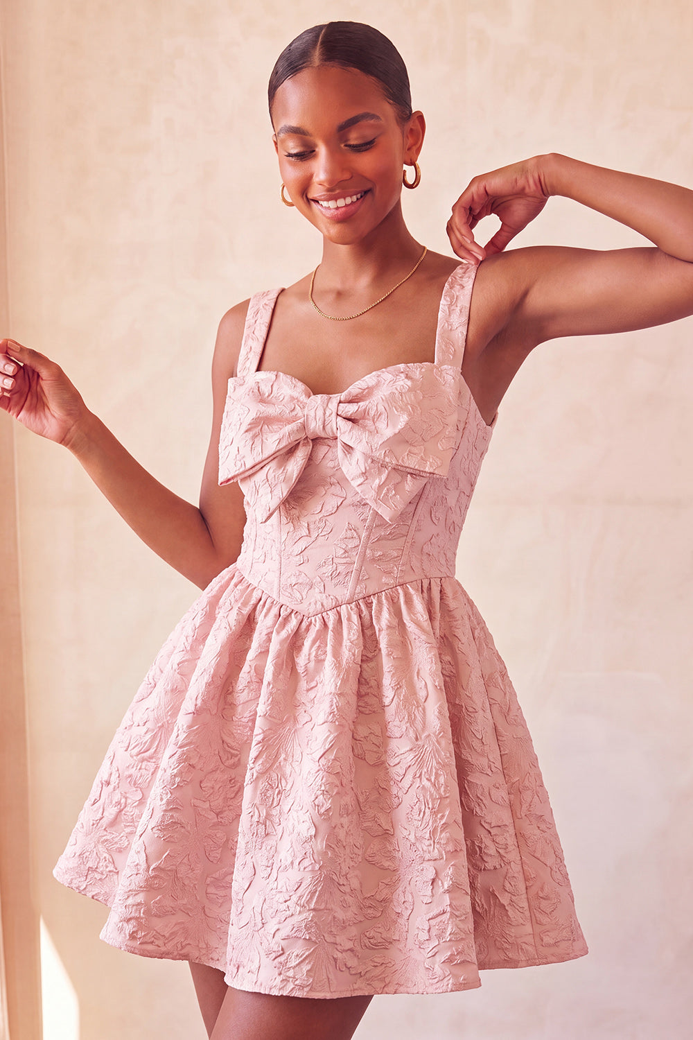 A-Line Jacquard Yellow Floral Lace Up Back Homecoming Dress with Bow