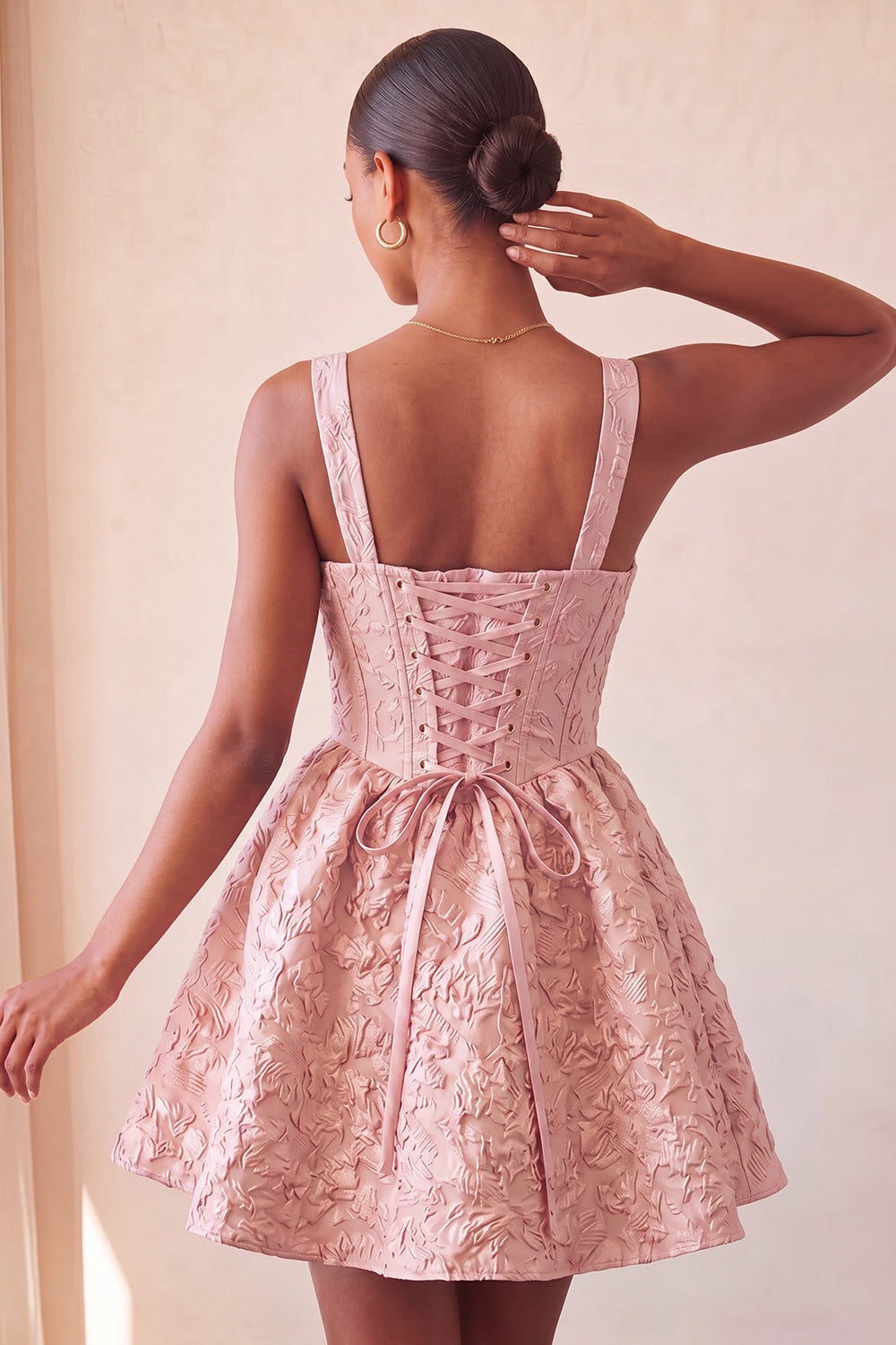 A-Line Jacquard Yellow Floral Lace Up Back Homecoming Dress with Bow
