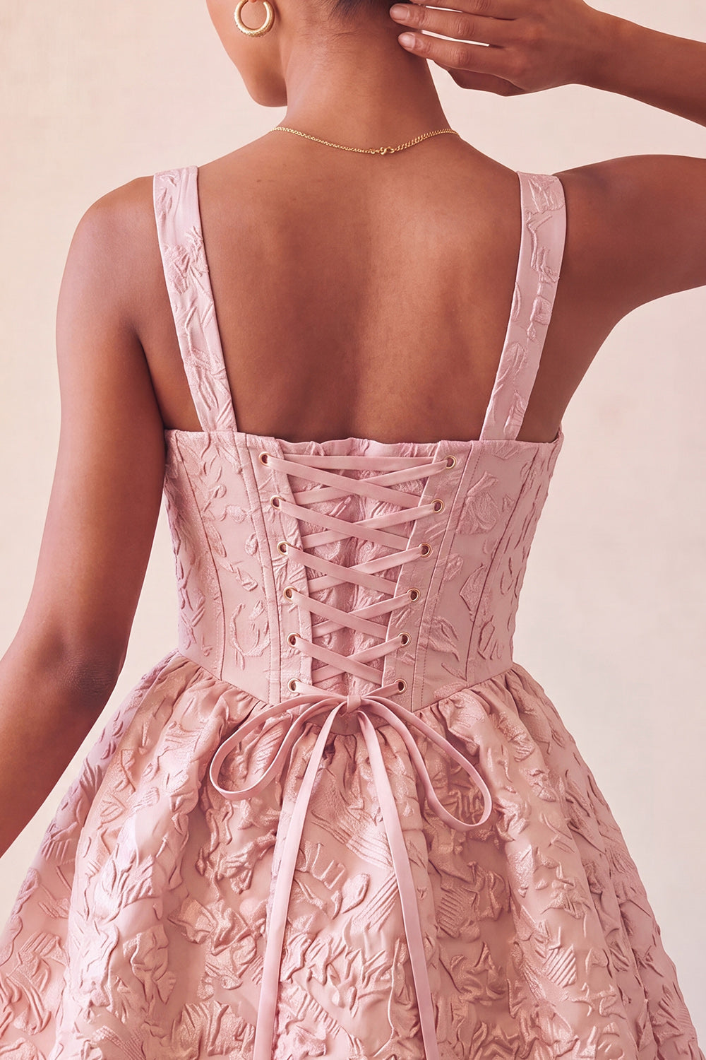 A-Line Jacquard Yellow Floral Lace Up Back Homecoming Dress with Bow