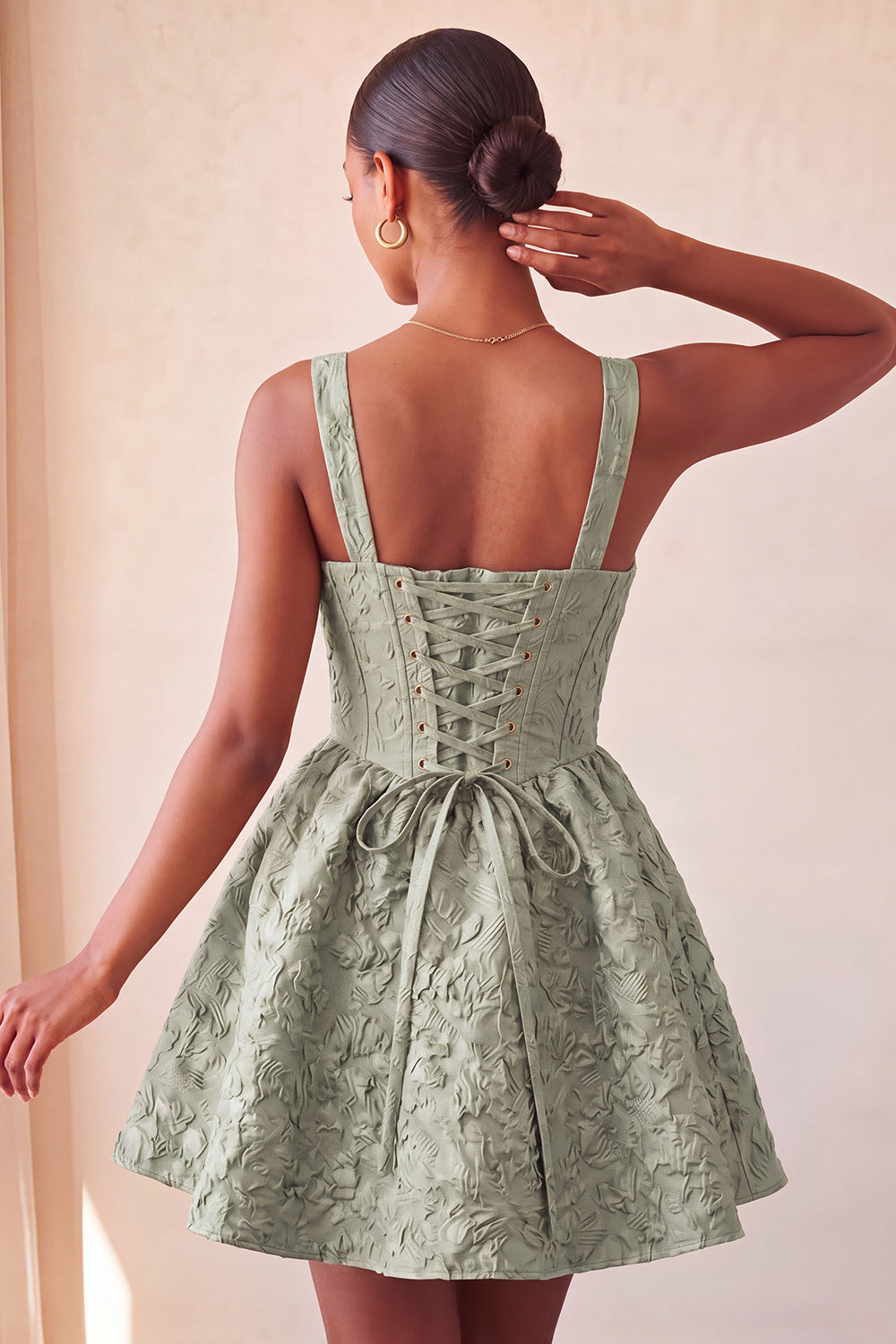 A-Line Jacquard Yellow Floral Lace Up Back Homecoming Dress with Bow