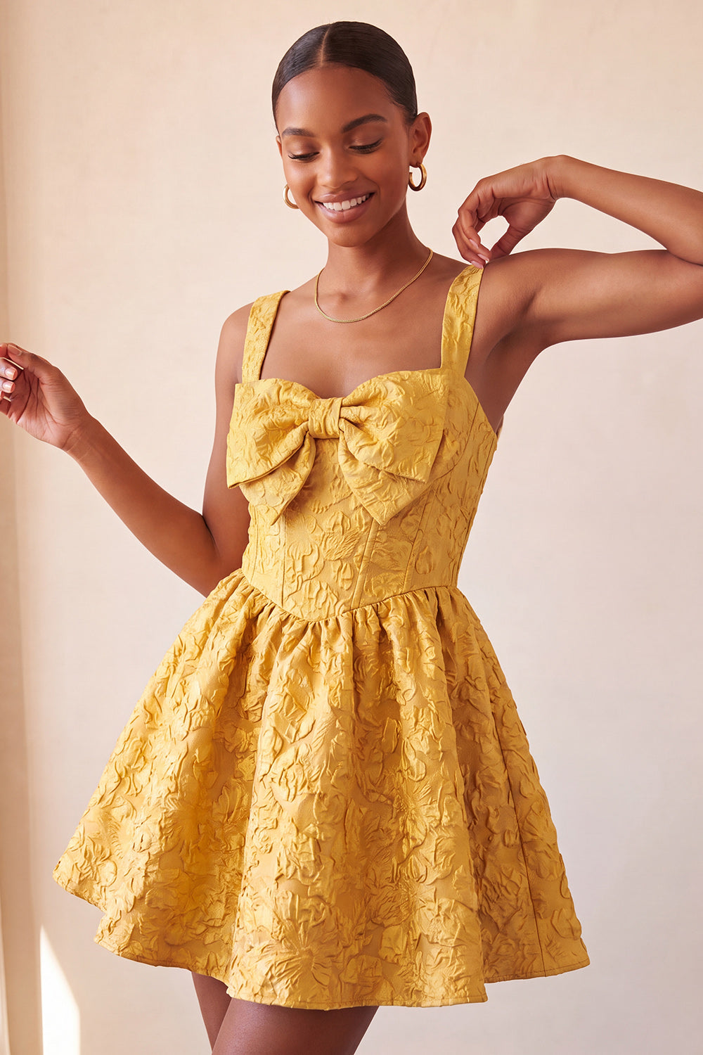 A-Line Jacquard Yellow Floral Lace Up Back Homecoming Dress with Bow