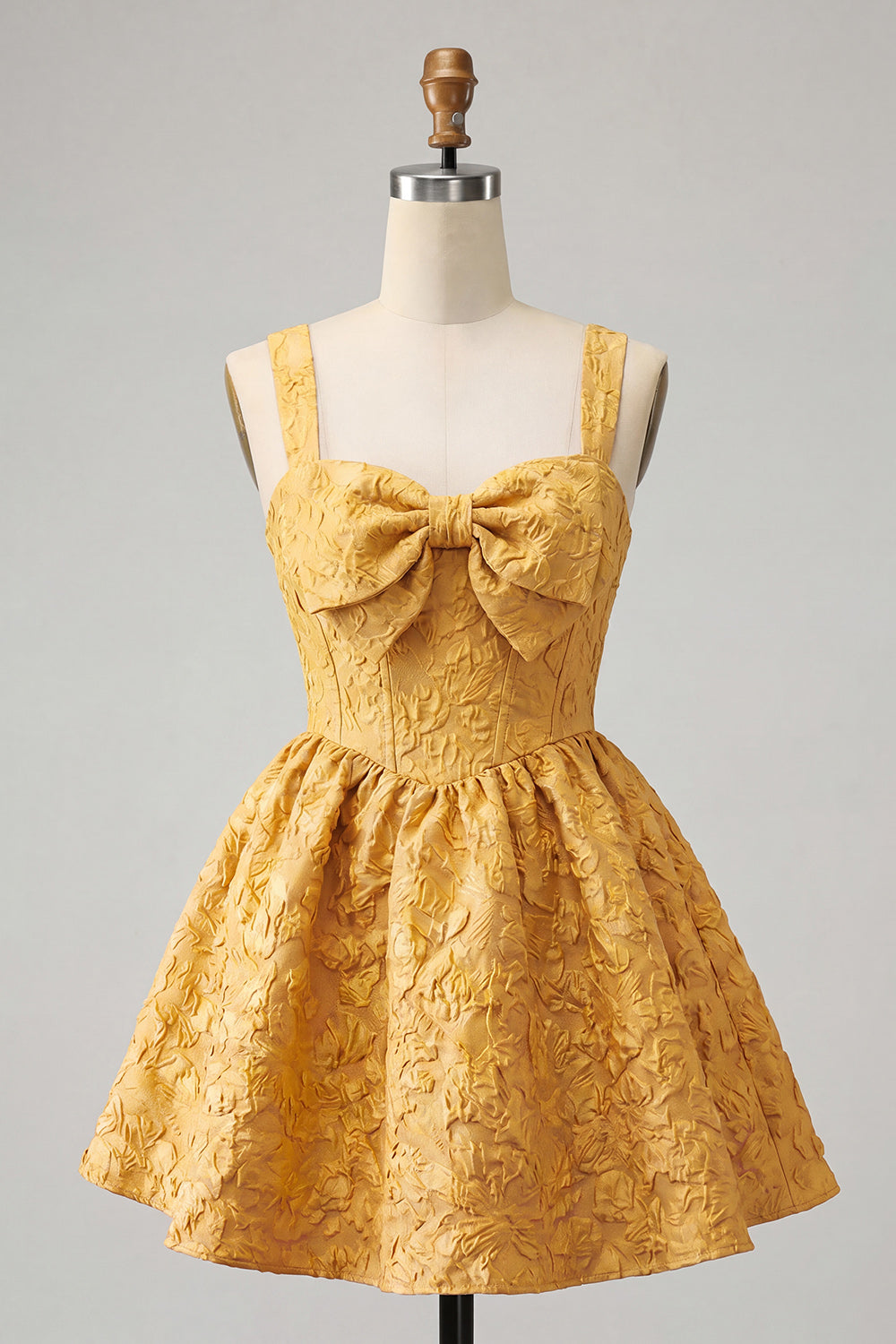 A-Line Jacquard Yellow Floral Lace Up Back Homecoming Dress with Bow