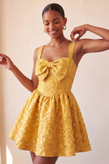 A-Line Jacquard Yellow Floral Lace Up Back Homecoming Dress with Bow