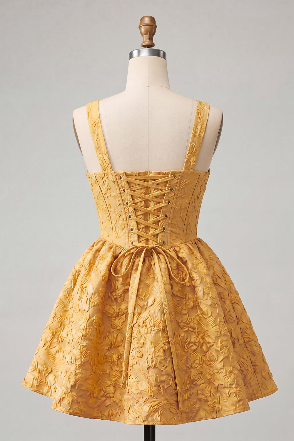 A-Line Jacquard Yellow Floral Lace Up Back Homecoming Dress with Bow