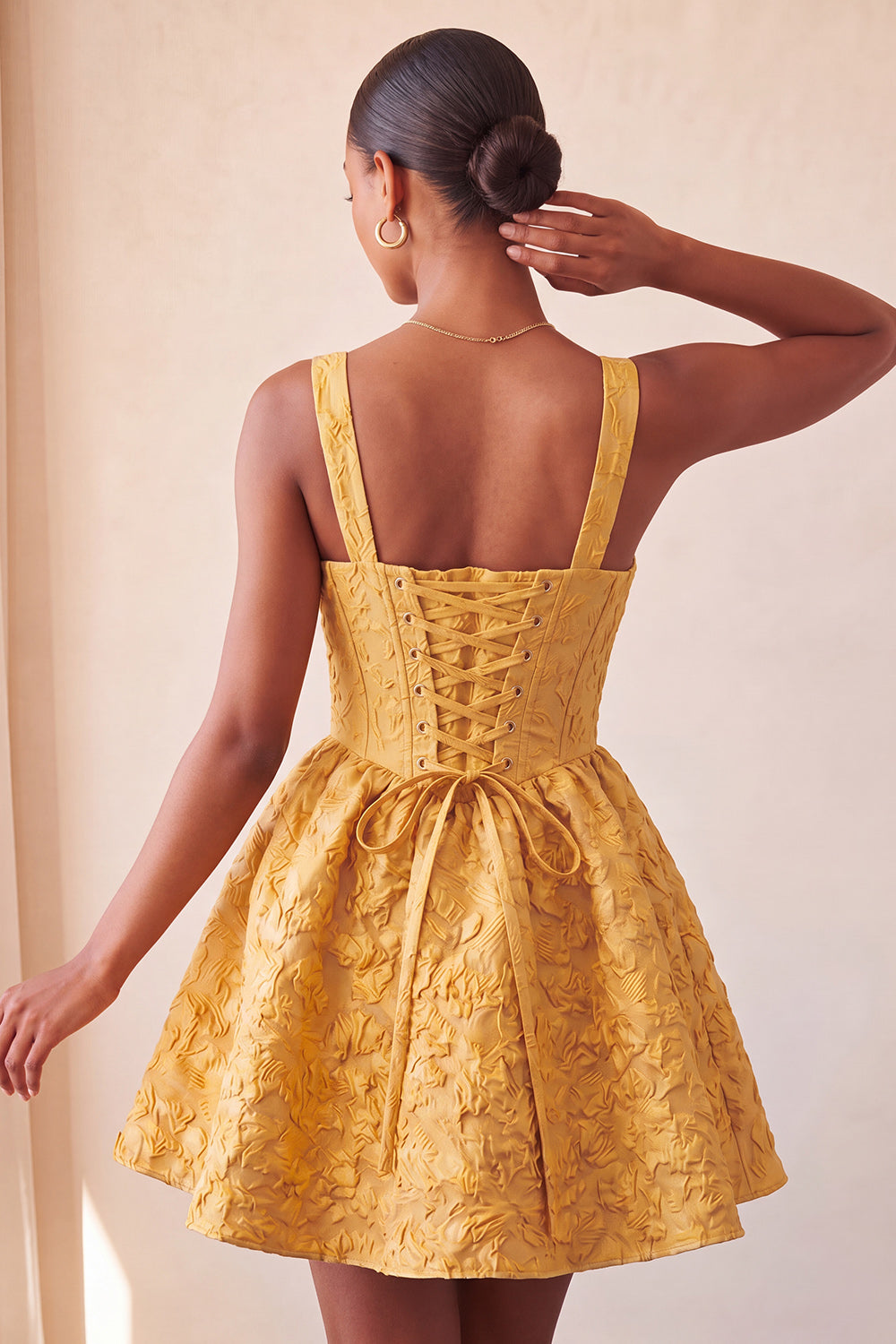 A-Line Jacquard Yellow Floral Lace Up Back Homecoming Dress with Bow