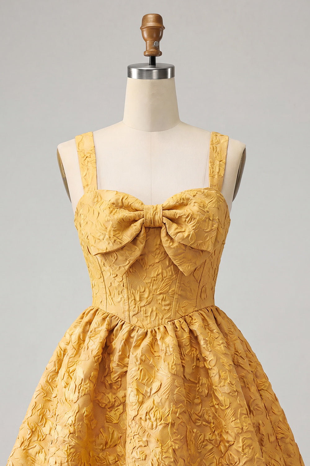 A-Line Jacquard Yellow Floral Lace Up Back Homecoming Dress with Bow
