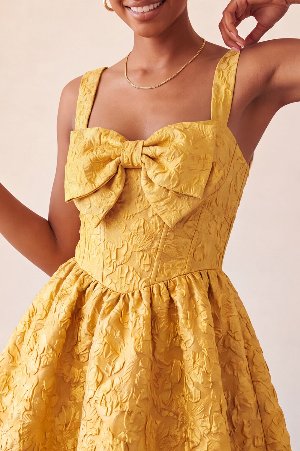 A-Line Jacquard Yellow Floral Lace Up Back Homecoming Dress with Bow