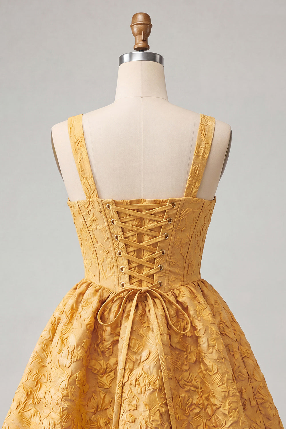 A-Line Jacquard Yellow Floral Lace Up Back Homecoming Dress with Bow