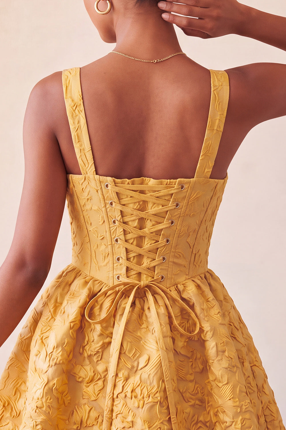 A-Line Jacquard Yellow Floral Lace Up Back Homecoming Dress with Bow