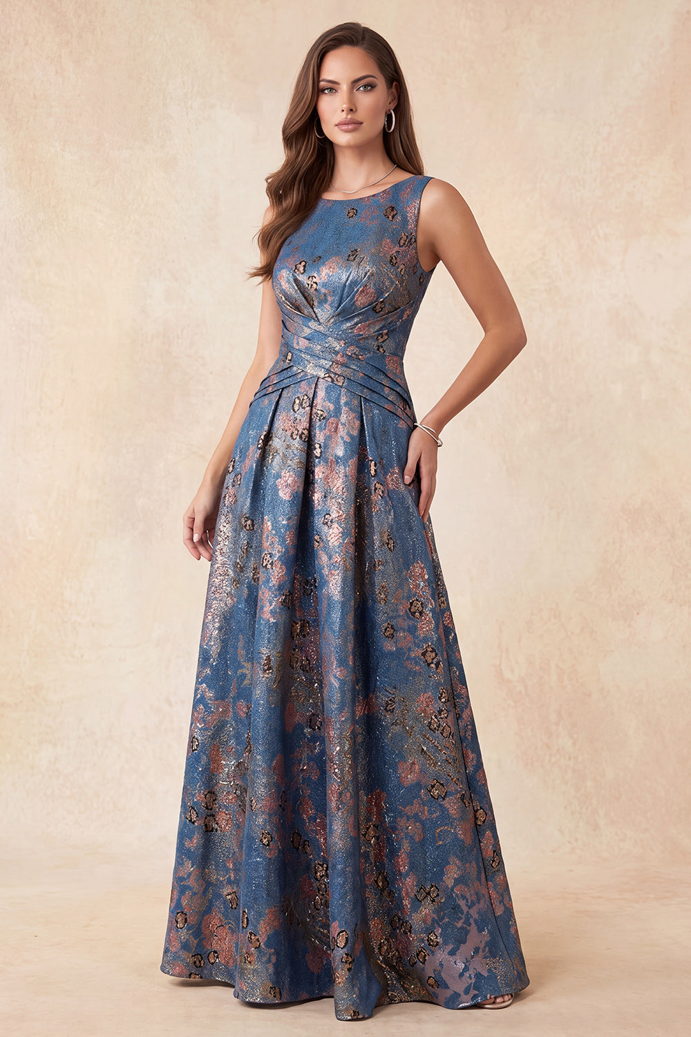 A-Line Navy Jacquard Floral Round Neck Ruched Long Formal Dress