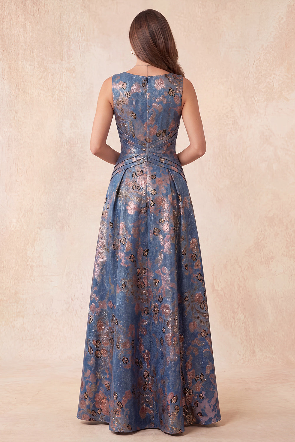 A-Line Navy Jacquard Floral Round Neck Ruched Long Formal Dress
