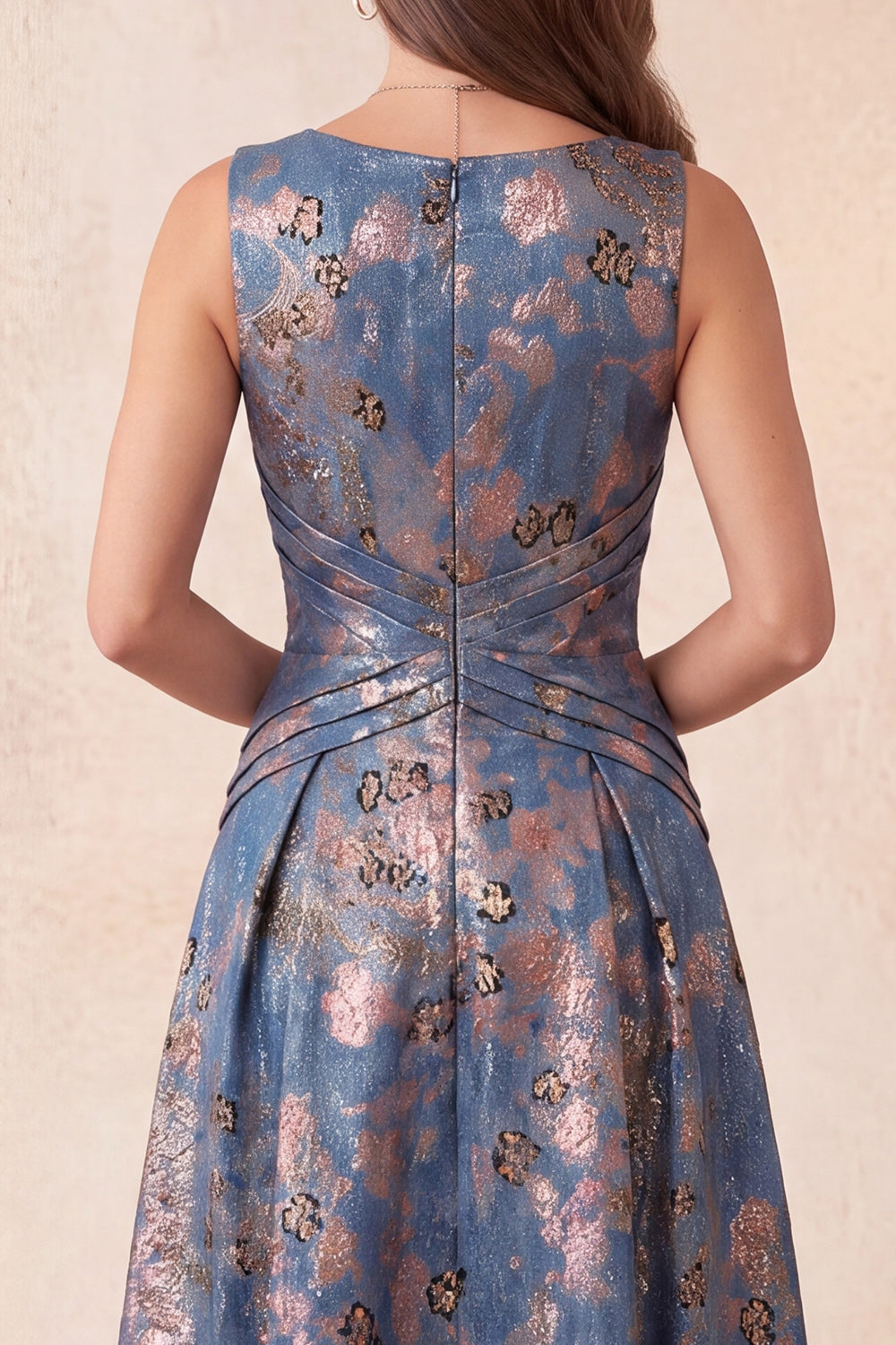 A-Line Navy Jacquard Floral Round Neck Ruched Long Formal Dress