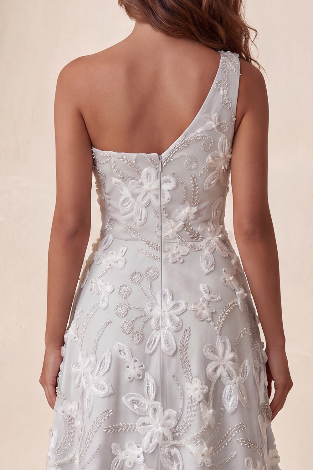 A-Line Light Grey One Shoulder Floral Midi Formal Dress