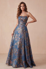 A-Line Navy Jacquard Floral Spaghetti Straps Ruched Long Formal Dress