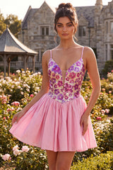 A-Line Pink Floral Spaghetti Straps Homecoming Dress with Sequins