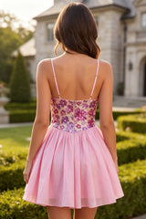 A-Line Pink Floral Spaghetti Straps Homecoming Dress with Sequins