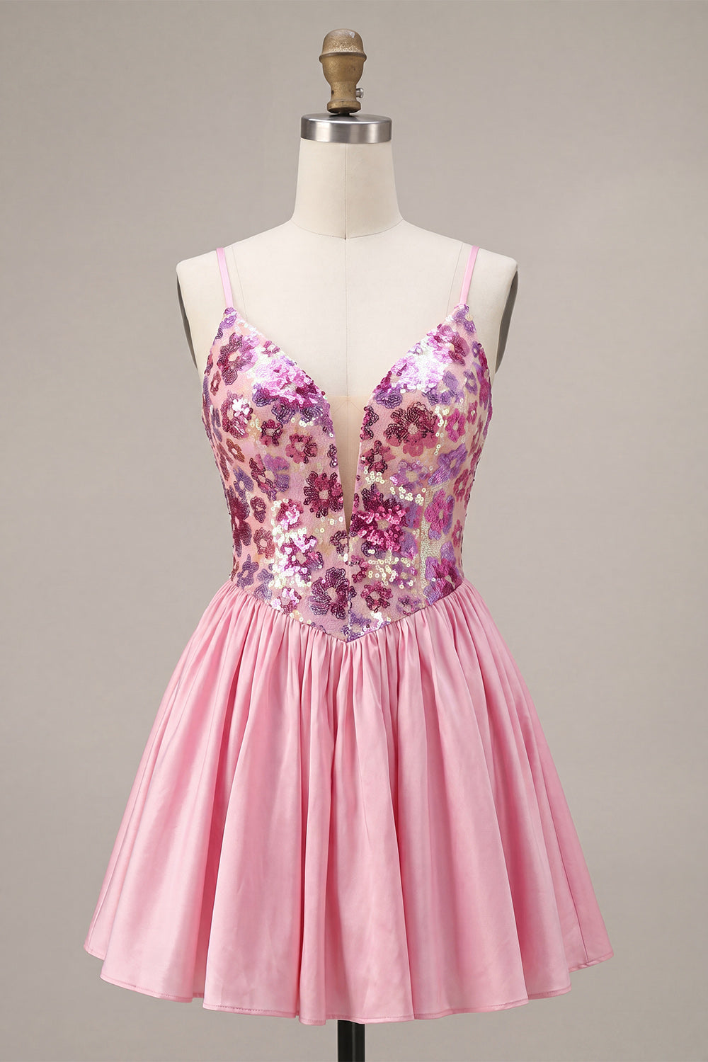 A-Line Pink Floral Spaghetti Straps Homecoming Dress with Sequins