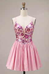 A-Line Pink Floral Spaghetti Straps Homecoming Dress with Sequins