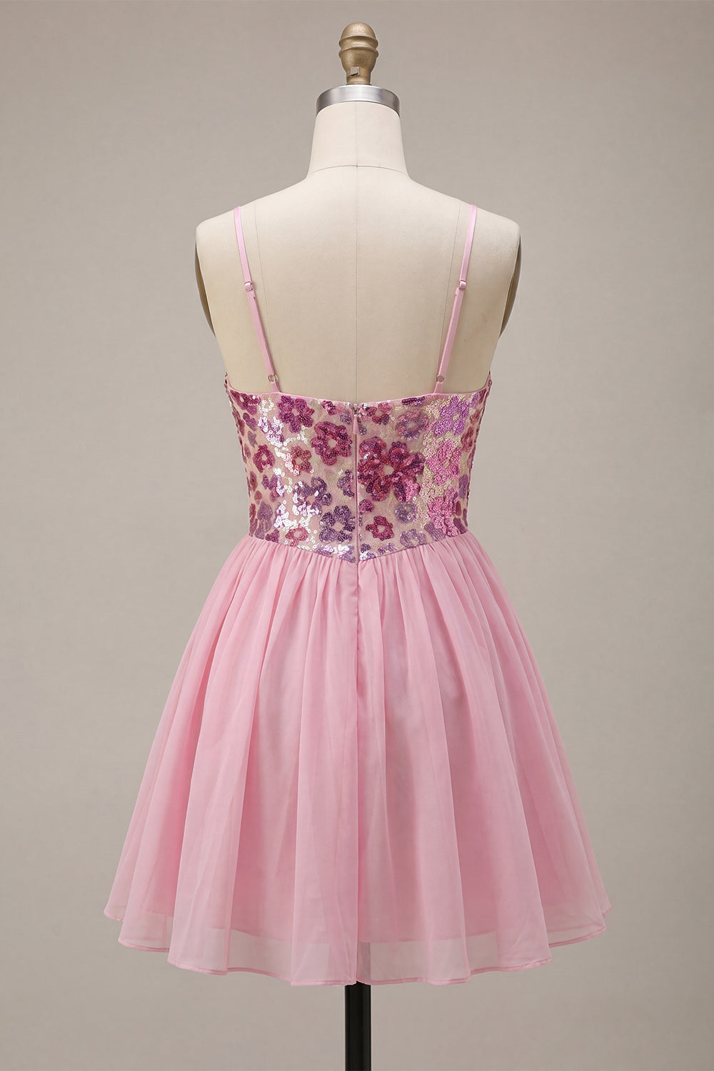 A-Line Pink Floral Spaghetti Straps Homecoming Dress with Sequins