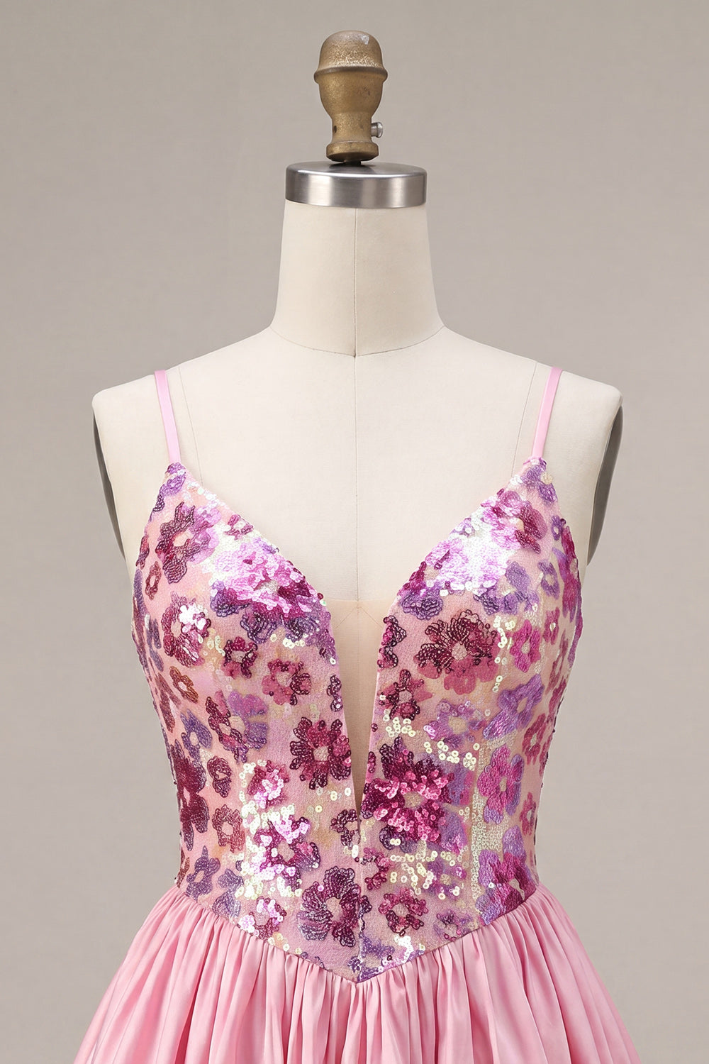 A-Line Pink Floral Spaghetti Straps Homecoming Dress with Sequins