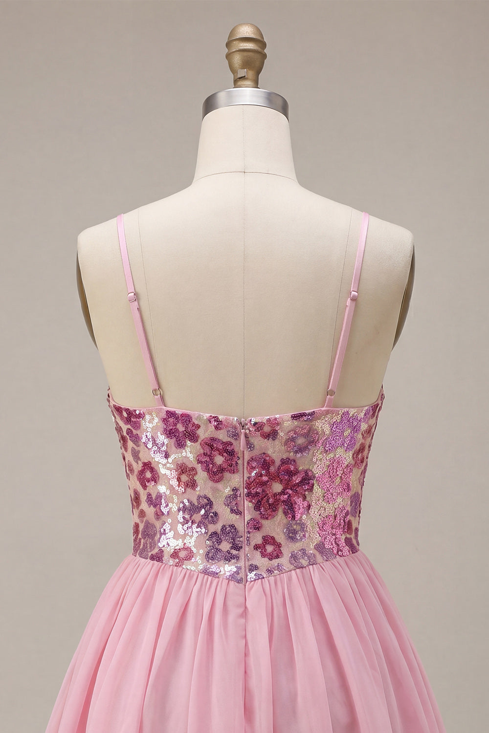 A-Line Pink Floral Spaghetti Straps Homecoming Dress with Sequins