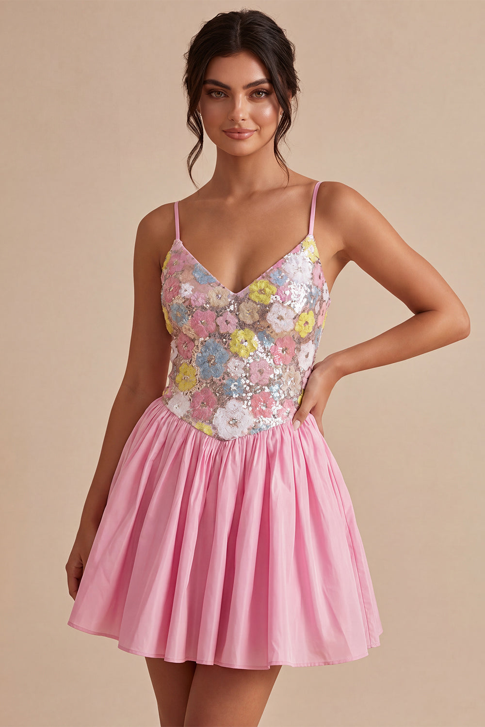 A-Line Pink Floral Spaghetti Straps Homecoming Dress with Sequins