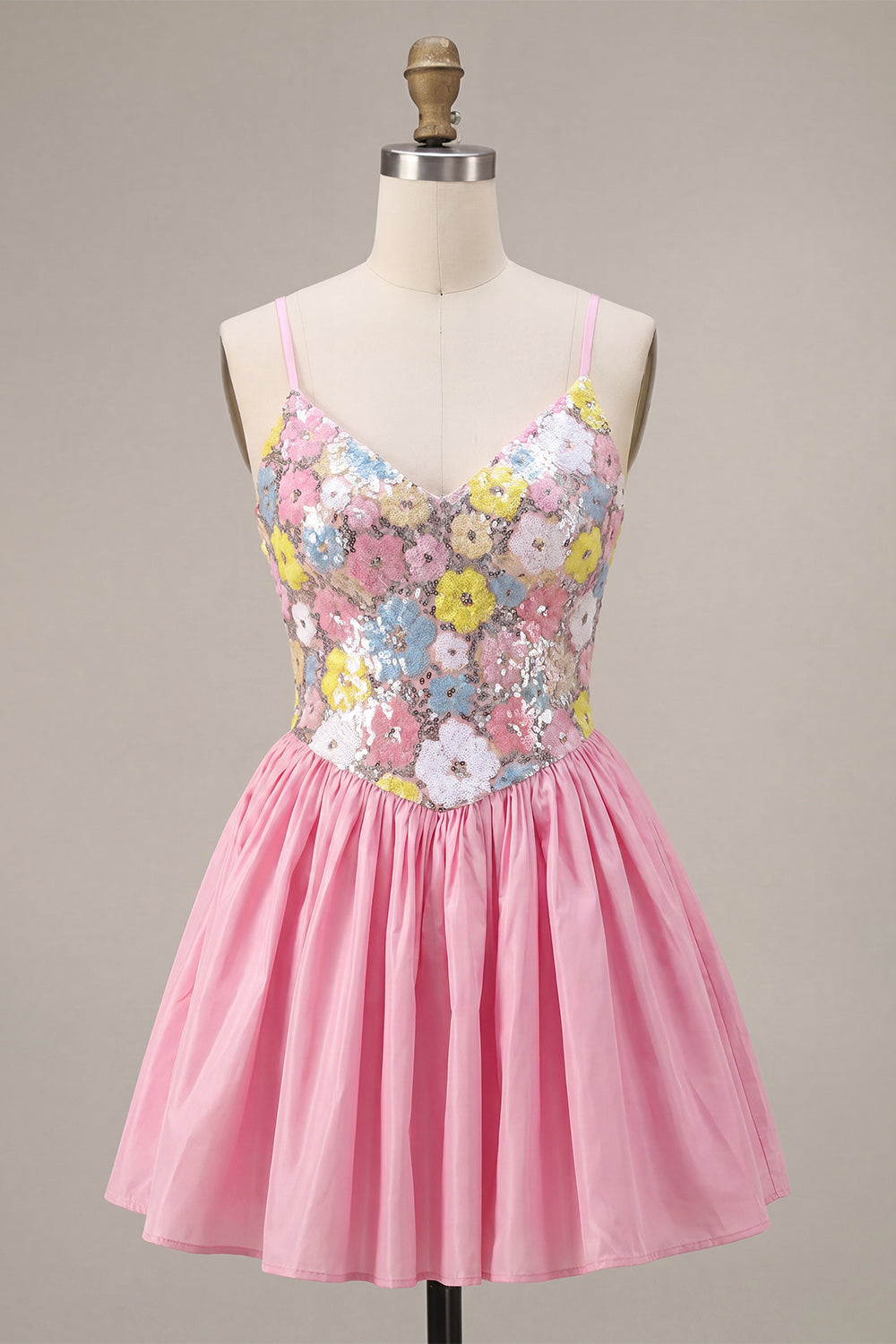 A-Line Pink Floral Spaghetti Straps Homecoming Dress with Sequins