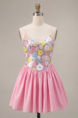 A-Line Pink Floral Spaghetti Straps Homecoming Dress with Sequins