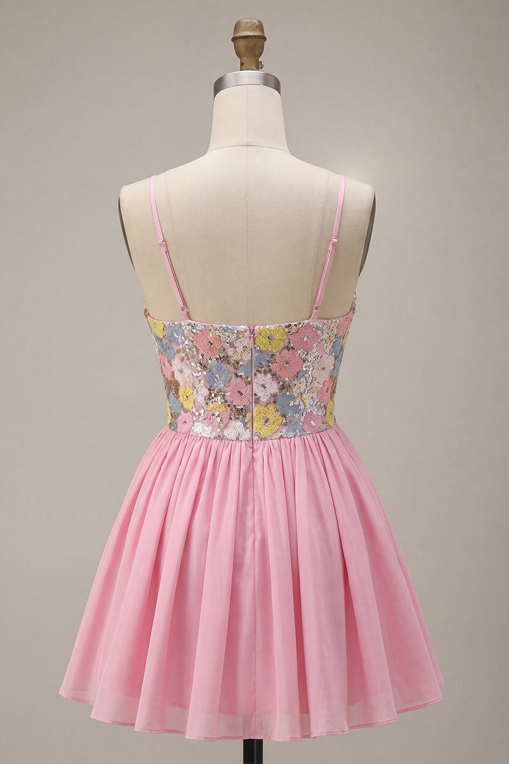 A-Line Pink Floral Spaghetti Straps Homecoming Dress with Sequins